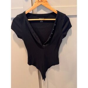 American Eagle Womens Black Ribbed Henley Bodysuit Short Sleeve Snap Front Small
